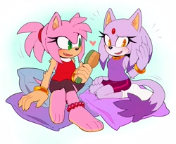 Size: 2590x2122 | Tagged: safe, artist:bongwater777, amy rose, blaze the cat, 2020, abstract background, amy x blaze, barefoot, blushing, bracelet, duo, duo female, female, hairbrush, heart, holding something, kneeling, looking at something, looking at them, mouth open, one fang, pillow, shipping, sitting, smile