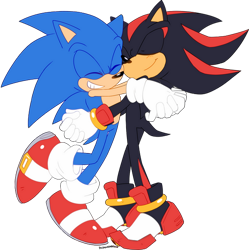 Size: 600x602 | Tagged: source needed, safe, artist:drawloverlala, shadow the hedgehog, sonic the hedgehog, clenched teeth, duo, duo male, eyes closed, gay, hugging, male, shadow x sonic, shipping, simple background, smile, standing, transparent background