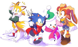 Size: 800x487 | Tagged: dead source, safe, artist:drawloverlala, cream the rabbit, miles "tails" prower, sonic the hedgehog, age swap, child, coat, ear warmers, female, hat, holding something, looking at something, looking back, male, mouth open, outdoors, scarf, simple background, smile, snow, snowman, standing, stick, teenager, trio, white background