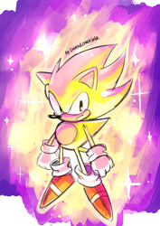 Size: 1108x1561 | Tagged: source needed, safe, artist:drawloverlala, sonic the hedgehog, super sonic, abstract background, classic sonic, clenched fists, flying, frown, looking offscreen, male, solo, sparkles, super form