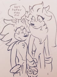 Size: 1811x2424 | Tagged: safe, artist:burning-ablaze, silver the hedgehog, sonic the hedgehog, 2017, chest fluff, duo, duo male, eyelashes, fluffy, frown, gay, grey background, height difference, holding hands, holding something, male, neck fluff, pencilwork, question mark, shipping, simple background, sonilver, standing, sweatdrop, traditional media