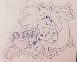 Size: 2386x1936 | Tagged: safe, artist:burning-ablaze, silver the hedgehog, sonic the hedgehog, 2017, blushing, duo, duo male, eyes closed, flying, gay, grey background, holding each other, hugging, kiss, male, pencilwork, psychokinesis, shipping, simple background, sonilver, traditional media
