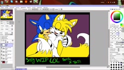 Size: 1600x900 | Tagged: safe, artist:dannyrosehedgewolf, miles "tails" prower, sonic the hedgehog, 2012, abstract background, duo, duo male, english text, gay, holding them, lidded eyes, looking at each other, mouth open, older, shipping, smile, sonic x tails, standing