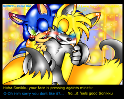 Size: 1280x1024 | Tagged: safe, artist:dannyrosehedgewolf, miles "tails" prower, sonic the hedgehog, 2012, abstract background, alternate version, blushing, blushing ears, border, dialogue, duo, duo male, english text, gay, holding them, male, mouth open, older, shipping, smile, sonic x tails, standing