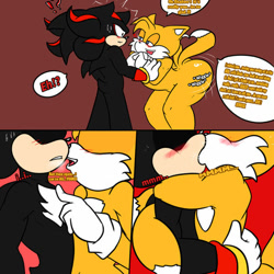 Size: 600x600 | Tagged: suggestive, artist:soul-yagami64, miles "tails" prower, shadow the hedgehog, 2022, blushing, bootyfull tails, butt, comic, dialogue, english text, frown, gay, holding each other, kiss, lidded eyes, looking at each other, moaning, panels, red background, shadails, shipping, simple background, smile, speech bubble