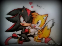 Size: 1483x1111 | Tagged: safe, artist:apocalypsebloodstars, miles "tails" prower, shadow the hedgehog, 2014, duo, gay, heart, holding hands, kneeling, looking at each other, mouth open, one eye closed, pencilwork, shadails, shipping, signature, smile, traditional media