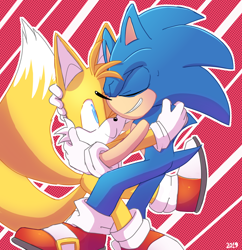 Size: 1500x1550 | Tagged: safe, artist:yaniis15, miles "tails" prower, sonic the hedgehog, 2019, abstract background, duo, duo male, eyes closed, hugging, male, outline, smile