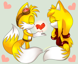 Size: 1100x900 | Tagged: safe, artist:sonicforthewin2, miles "tails" prower, zooey the fox, fox, 2015, duo, eyes closed, female, grey background, heart, holding something, male, shipping, simple background, smile, sonic boom (tv), standing, straight, tailsey