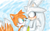 Size: 945x590 | Tagged: safe, artist:zorozorizorori, miles "tails" prower, silver the hedgehog, 2010, abstract background, annoyed, blushing, duo, duo male, frown, gay, holding them, looking at each other, male, outdoors, shipping, silvails, smile, standing