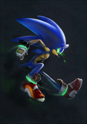 Size: 636x900 | Tagged: safe, artist:peritian, sonic the hedgehog, 2010, abstract background, clenched fists, frown, glowing eyes, lineless, looking at viewer, male, mid-air, modern sonic, posing, solo, solo male