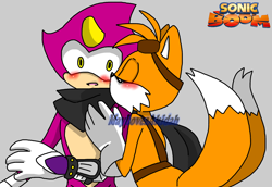 Size: 1280x880 | Tagged: source needed, safe, artist:maylovesakidah, espio the chameleon, miles "tails" prower, blushing, duo, espails, eyes closed, gay, grey background, kiss on cheek, logo, looking at them, scarf, shipping, simple background, sonic boom (tv), standing