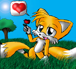 Size: 850x778 | Tagged: safe, artist:arcticcryptid, miles "tails" prower, 2008, abstract background, barefoot, colored arms, colored legs, gloves off, grass, hand on ground, heart, holding something, kneeling, looking offscreen, male, mouth open, outdoors, rose, smile, solo, solo male, stupid sexy tails, tree