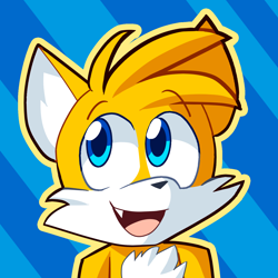 Size: 1410x1410 | Tagged: safe, artist:metr0nix727, miles "tails" prower, 2020, abstract background, eyebrows clipping through hair, looking offscreen, male, mouth open, one fang, outline, smile, solo, solo male, striped background