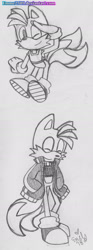 Size: 1024x2759 | Tagged: safe, artist:emme2589, miles "tails" prower, 2018, binder, eyes closed, grey background, hands in pocket, jacket, looking at viewer, pencilwork, salute, simple background, smile, solo, standing, traditional media, trans male, transgender