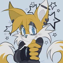 Size: 1280x1280 | Tagged: safe, artist:nimbynimbus, miles "tails" prower, 2021, arms folded, blue background, ear piercing, emo, emo outfit, emo tails, eyelashes, eyeshadow, fingerless gloves, looking at viewer, male, one fang, simple background, smile, solo, solo male, standing, star (symbol)