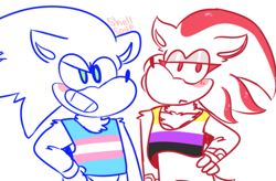 Size: 701x460 | Tagged: safe, artist:shellsoup, shadow the hedgehog, sonic the hedgehog, 2019, binder, blushing, chest fluff, duo, eyelashes, frown, hand on hip, male, nonbinary, signature, simple background, smile, standing, tank top, trans male, transgender, white background