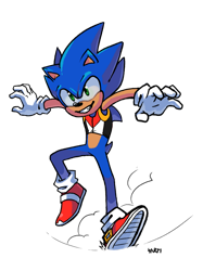 Size: 1024x1366 | Tagged: safe, artist:surlifen, sonic the hedgehog, 2019, arms out, binder, clenched teeth, dust clouds, looking offscreen, male, mid-air, simple background, smile, solo, solo male, trans male, transgender, transparent background