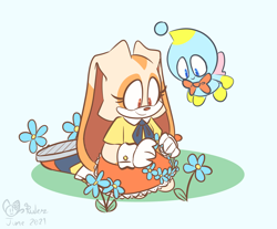Size: 1668x1380 | Tagged: safe, artist:nerdypiratez, cheese (chao), cream the rabbit, chao, 2021, duo, female, flower, flower crown, genderless, green background, kneeling, looking at something, neutral chao, older, signature, simple background, smile