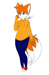 Size: 3024x4600 | Tagged: safe, artist:justtaylor24, miles "tails" prower, 2018, eye clipping through hair, flat colors, gloves off, hoodie, looking at viewer, male, pants, signature, simple background, smile, solo, solo male, standing, white background