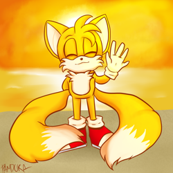 Size: 1000x1000 | Tagged: safe, artist:obstagoodra, miles "tails" prower, 2021, abstract background, eyes closed, male, signature, smile, solo, solo male, standing, sunset, waving