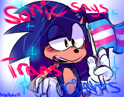 Size: 1282x1000 | Tagged: safe, artist:strabrrypop2art, sonic the hedgehog, 2020, abstract background, blushing, english text, holding something, looking offscreen, male, mouth open, pride flag, smile, solo, solo male, standing, trans pride