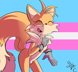 Size: 1814x1684 | Tagged: safe, artist:chubbysonicfan, miles "tails" prower, eyes closed, female, mouth open, pride flag background, signature, smile, solo, solo female, standing, trans female, trans pride, transgender