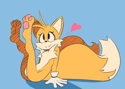 Size: 2478x1777 | Tagged: safe, artist:chubbysonicfan, miles "tails" prower, 2022, barefoot, blue background, female, heart, legs up, looking offscreen, pawpads, riders style, simple background, sitting, smile, solo, solo female, trans female, transgender