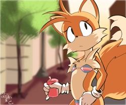 Size: 2045x1707 | Tagged: safe, artist:chubbysonicfan, miles "tails" prower, 2022, abstract background, bikini, eyelashes, female, frown, holding something, looking offscreen, signature, solo, solo female, standing, trans female, trans pride, transgender, tree