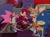 Size: 2806x2056 | Tagged: safe, artist:chubbysonicfan, amy rose, knuckles the echidna, miles "tails" prower, sonic the hedgehog, 2022, abstract background, bedroom, card, classic amy, classic knuckles, classic sonic, classic sonic (universe), classic tails, female, fortune telling, frown, group, lidded eyes, looking at viewer, male, mouth open, shrunken pupils, sitting, smile, trans female, transgender