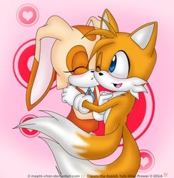 Size: 1624x1665 | Tagged: safe, artist:deizunei, cream the rabbit, miles "tails" prower, 2011, abstract background, blushing, duo, eyes closed, female, holding them, kiss on cheek, looking at them, male, one eye closed, shipping, smile, standing, straight, taiream