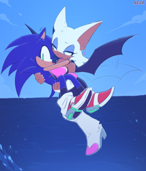Size: 2048x2389 | Tagged: safe, artist:12neonlit-stage, rouge the bat, sonic the hedgehog, abstract background, carrying them, duo, ear piercing, female, flapping wings, flying, frown, holding each other, looking at them, male, mouth open, ocean, outdoors, signature, smile, sweatdrop, top surgery scars, trans male, transgender
