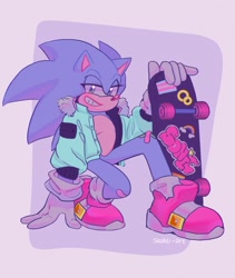 Size: 1728x2048 | Tagged: safe, artist:swati-art, sonic the hedgehog, abstract background, clenched teeth, hand on ground, jacket, lidded eyes, looking at viewer, male, plaster, skateboard, smile, solo, solo male, sticker, top surgery scars, trans male, transgender
