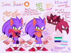 Size: 2048x1524 | Tagged: safe, artist:emenens, knuckles the echidna, shadow the hedgehog, abstract background, alternate universe, character name, english text, fingerless gloves, gay, jacket, looking at viewer, male, males only, reference sheet, ring, smile, solo female, standing, top surgery scars, trans male, transgender, trio, trio male