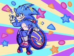Size: 834x640 | Tagged: safe, artist:verminguy, sonic the hedgehog, abstract background, blushing, clenched teeth, disabled, looking at viewer, male, pointing, smile, solo, solo male, top surgery scars, trans male, transgender, wheelchair