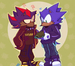 Size: 1880x1648 | Tagged: safe, artist:tropical-hedgehog, shadow the hedgehog, sonic the hedgehog, abstract background, blushing, cheek fluff, clothes, duo, ear piercing, fingerless gloves, frown, gay, hands in pocket, heart, holding something, hoodie, jacket, literal animal, pants, question mark, shadow x sonic, shipping, signature, smile, spiked collar, standing, tortoise, trans male, transgender, yellow sclera