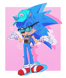 Size: 2048x2414 | Tagged: safe, artist:yellowvixen, sonic the hedgehog, abstract background, arm fluff, binder, blushing, border, cap, cheek fluff, clenched teeth, ear fluff, leg fluff, male, outline, posing, shoulder fluff, shrugging, smile, solo, solo male, standing, sunglasses, trans male, trans pride, transgender