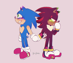 Size: 1692x1454 | Tagged: safe, artist:trans-metalsonic, shadow the hedgehog, sonic the hedgehog, blushing, blushing ears, clenched teeth, duo, duo male, ear fluff, gay, heart chest, holding hands, looking down, looking up, male, males only, pink background, shadow x sonic, shipping, signature, simple background, smile, trans male, transgender, wagging tail