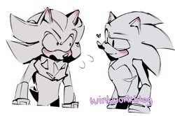 Size: 1024x680 | Tagged: safe, artist:winkwonkblog, shadow the hedgehog, sonic the hedgehog, blushing, blushing ears, duo, duo male, flirting, gay, heart, heart chest, looking at each other, male, monochrome, shadow x sonic, shipping, simple background, standing, top surgery scars, trans male, transgender, white background