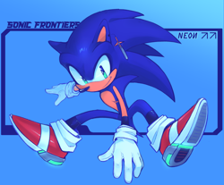 Size: 2048x1697 | Tagged: safe, artist:12neonlit-stage, sonic the hedgehog, sonic frontiers, abstract background, ear piercing, english text, looking at viewer, male, modern sonic, posing, smile, solo, solo male, top surgery scars, trans male, transgender