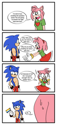 Size: 946x2048 | Tagged: safe, artist:weirdozjunkary, amy rose, sonic the hedgehog, ace, aro ace pride, aromantic, chest fluff, comic, dialogue, duo, english text, female, flag, flat colors, holding something, male, shorts, simple background, speech bubble, standing, sweatdrop, top surgery scars, trans male, transgender, white background