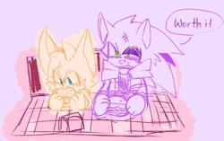 Size: 1024x642 | Tagged: safe, artist:emenens, miles "tails" prower, sonic the hedgehog, blushing, cheeseburger, dialogue, duo, duo male, eating, english text, eyelashes, injured, jacket, male, males only, mouth open, purple background, simple background, sitting, sketch, speech bubble, table, trans male, transgender