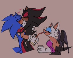 Size: 1204x954 | Tagged: safe, artist:winkwonkblog, rouge the bat, shadow the hedgehog, sonic the hedgehog, blushing, brown background, drink, drinking, ear piercing, eyes closed, female, gay, heart, holding each other, holding something, kiss, male, mango juice, shadow x sonic, shipping, signature, simple background, standing, trans male, transgender, trio