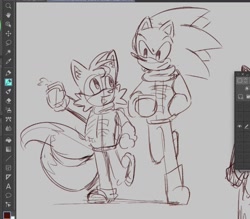 Size: 1628x1423 | Tagged: safe, artist:fig-fog, miles "tails" prower, sonic the hedgehog, coat, duo, duo male, holding something, looking at each other, male, males only, monochrome, mouth open, pants, simple background, sketch, smile, walking