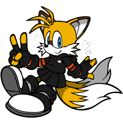 Size: 2048x2048 | Tagged: safe, artist:taeko, miles "tails" prower, fox, 2023, badge, black gloves, black shoes, colored ears, fingerless gloves, flat colors, goth, goth outfit, goth tails, heart, hoodie, looking at viewer, mobius.social exclusive, nonbinary, redesign, simple background, skirt, smile, solo, tights, transparent background, v sign