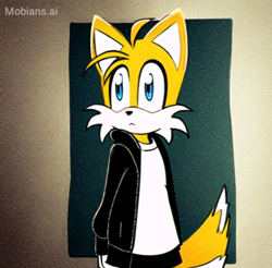 Size: 2028x1992 | Tagged: safe, ai art, artist:mobians.ai, miles "tails" prower, abstract background, frown, jacket, looking offscreen, male, shirt, skirt, solo, solo male, standing