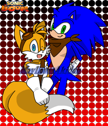 Size: 2238x2610 | Tagged: source needed, safe, artist:maylovesakidah, miles "tails" prower, sonic the hedgehog, abstract background, duo, duo male, logo, looking at viewer, male, males only, mouth open, smile, sonic boom (tv), standing, wink
