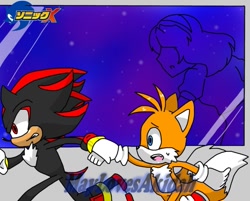 Size: 997x801 | Tagged: safe, artist:maylovesakidah, maria robotnik, miles "tails" prower, shadow the hedgehog, abstract background, clenched teeth, holding hands, looking ahead, mouth open, running, silhouette, space colony ark, sweatdrop