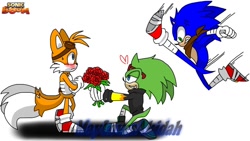 Size: 1024x576 | Tagged: source needed, safe, artist:maylovesakidah, scourge the hedgehog, sonic the hedgehog, angry, arms folded, blushing, clenched teeth, flower bouquet, frown, gay, heart, jealously, kneeling, logo, looking at them, love triangle, scourails, shadow (lighting), shipping, simple background, smile, sonic boom (tv), sonic x tails, sweatdrop, this won't end well, trio, white background