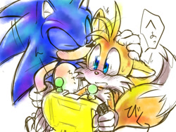Size: 1200x900 | Tagged: safe, artist:misuta710, miles "tails" prower, sonic the hedgehog, blushing, dialogue, duo, eyes closed, gay, head pat, holding something, japanese text, kiss on head, miles electric, mouth open, shipping, simple background, sketch, sonic x tails, speech bubble, standing, surprised, sweatdrop, white background