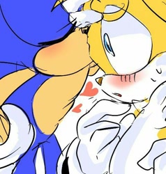 Size: 480x504 | Tagged: safe, artist:renti, miles "tails" prower, sonic the hedgehog, blue eyes, blushing, duo, eyes closed, gay, hand on another's head, heart, kiss on head, mouth open, shipping, simple background, sonic x tails, sweatdrop, tan nose, white background